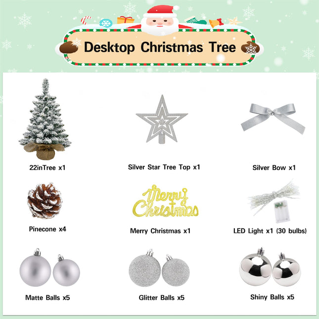 Tabletop Christmas Tree with Lights 22 Inch Mini Artificial Frosted Christmas Tree Small White Christmas Tree Ornaments for Xmas Decor