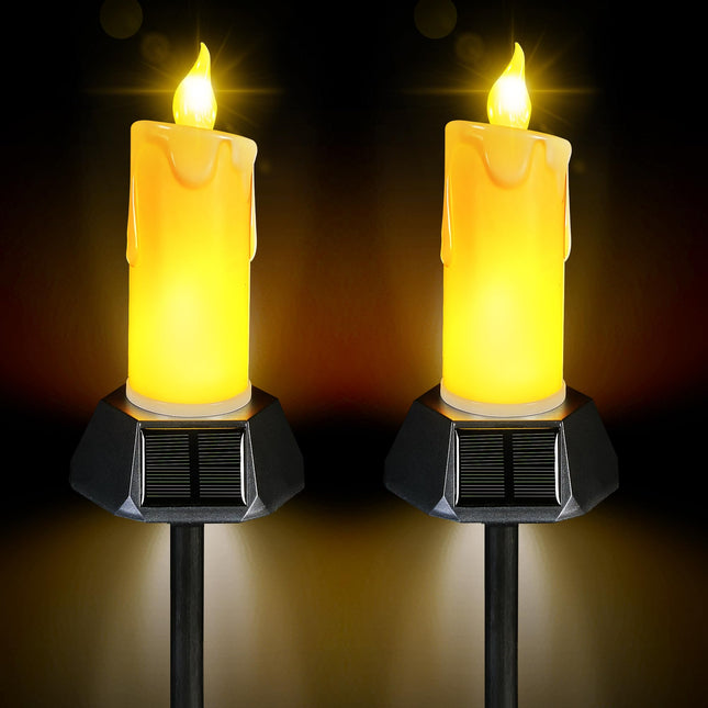 BlcTec Solar Christmas Candles Lights with Stakes, Electric Fake LED Flameless Candles with IP65 High Rating Waterproof Design, Suitable for Outdoor Lawn, Pathway, Yard Christmas Decorations, 2 PCS
