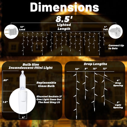 Christmas Icicle Lights 8.5 ft 150 Count String Lights Warm White Christmas Decorations Plug in Waterproof Christmas Lights for Outdoor, Xmas, Patio, Courtyard Decor (150 Count Warm White, Plastic)
