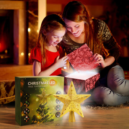 Christmas Tree Topper Lighted with 8 Projection Modes, Christmas Tree Star Topper Built-in LED Rotating Projector Lights, 3D Hollow Lighted Tree Topper Glitter Christmas Tree Decorations (Gold)