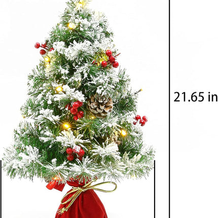 Sunnyglade 21.6 inch Snow Flocked Christmas Tree Artificial Mini Christmas Tree Pine Tree Indoor Tabletop Ornaments Decorations with 30 LED Lights,Red Cloth Base and Pine Cones,White