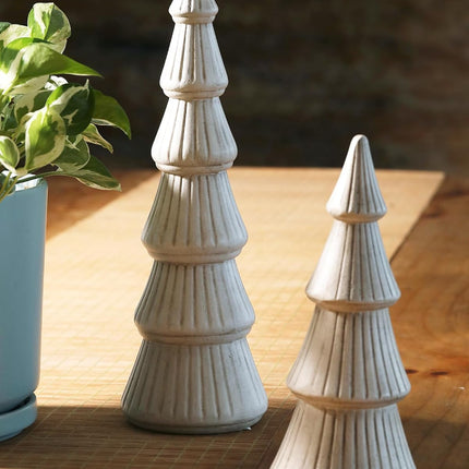 WONDROUS' DECO Wooden Christmas Tree Figurine, Tabletop White Tree Figurine, Set of 2 Desk Centerpieces for Christmas Decor