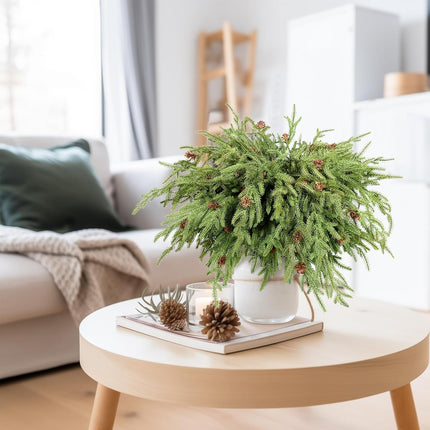 WBHome 12 Pcs Christmas Norfolk Pine Branches with Pine Cones - 18" Real Touch Norfolk Pine Branch- Artificial Xmas Branches Plants Pine Needles for DIY Craft Garland Home Garden Decor