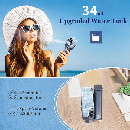 Handfan Upgraded Portable Misting Fan, 34Ml Handheld Personal Mister Fan Rechargeable, Battery Operated Spray Water Mist Fan