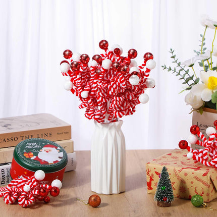 Zeyune 20 Pcs Christmas Tree Decoration Sequins Ball Curly Pick Christmas Glitter Berries Spiral Stem Christmas Tree Ornaments Topper Star Home Office Party Decorations s(Red and White)