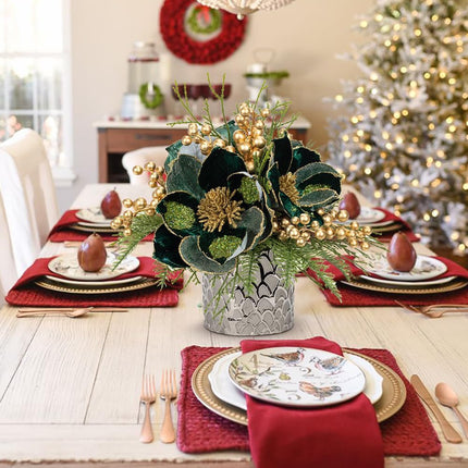 12 inch Green Christmas Table Centerpiece 5" Glitter Magnolia Flower and Golden Berries Fir Greenery Artificial Christmas Floral Centerpiece in Ceramic Pot Christmas Tabletop Arrangement Decor