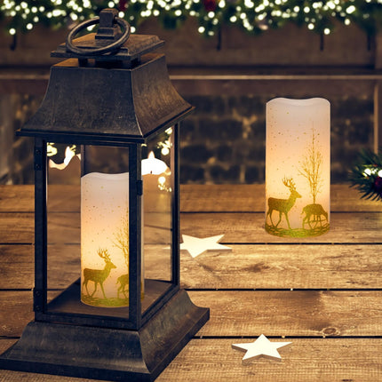 2Pack Christmas LED Flickering Flameless Candles, Battery Operated Wax Candles with Timer Remote, Flameless Pillar Candles with Forest Deer Decal for Home Decorations Christmas s [Gold, 3"X6"]