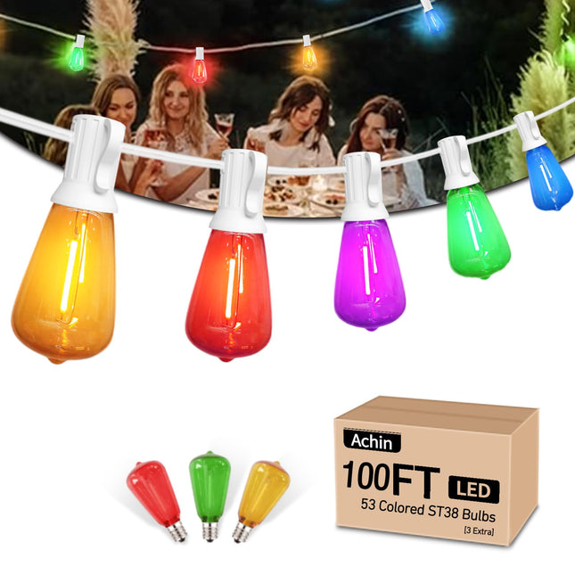 Achin Colored Outdoor String Lights White Cord - 100FT Multicolor Patio Lights with 50+3 LED ST38 Bulbs Shatterproof Colorful String Lights for Bistro Christmas Party Holiday