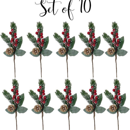 BANBERRY DESIGNS Holiday Pine Snowy Flower Picks 10 Pieces - Snow Flocked Red Holly Berry Pine Cone Floral Sprays -Decoration AMD Crafting - Measures 11" L
