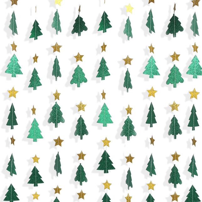 40 Feet Green Christmas Tree Garland Glitter Star Garland Paper Banner Hanging Party Supplies, Christmas Ceiling Hanging Decorations for Baby Shower Birthday Party Decorations Christmas Year
