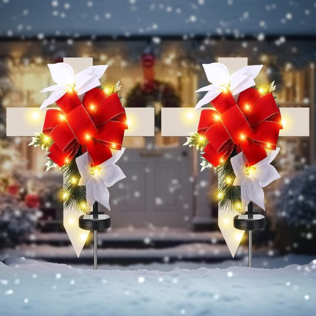 Retisee 2 Pcs Christmas Grave Decorations for Cemetery 34.65'' Christmas Waterproof Solar Outdoor Cross Lights Decorations Artificial Cemetery Flowers Memorial Xmas Cross Stake for Garden