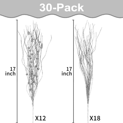 SUPREME XMAS 30 Pack Artificial Glitter Berry Stem Ornaments, Silver Christmas Twigs Branches Picks Ornaments Set for Xmas Tree Decorations Wreath Vases Fireplace Holiday Wedding Party Home Decor