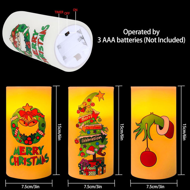 Whaline 3Pcs Merry Christmas LED Flameless Candles Funny Cartoon Characters Flickering Candles Warm Light Battery Operated Pillar Candles Xmas Tree Garland Electric Candles for Holiday Home Decor