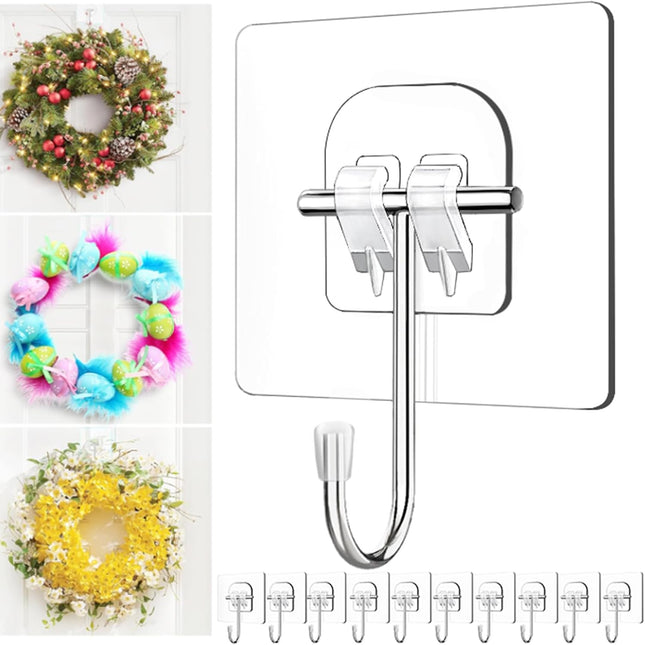 Wreath-Hangers-for-Front-Door,Large Clear Wreath-Door-Hanger-Easter-Christmas-Halloween-Decorations,60lb Over-The-Door-Hooks Glass Door,Adhesive-Wall-Hooks for Hanging Wreath Home-Decor Inside Outside