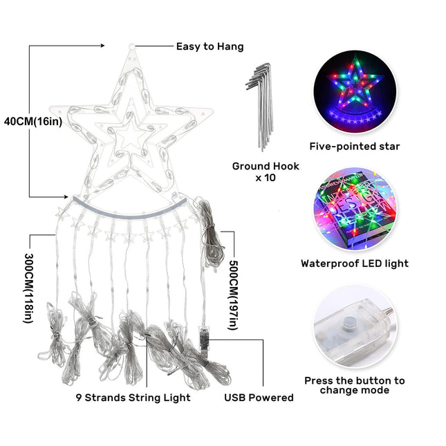 RAYWAY Outdoor Christmas Decorations Star String Lights, LED Waterfall Tree Lights,Christmas Lights Indoor Outdoor Decorative for Wedding and Birthday Party Home Holiday Decoration, Muitlcolor
