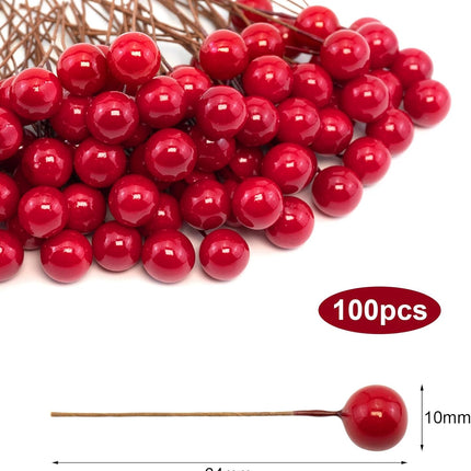 Quacc 100pcs Red Artificial Holly Berries Lovely 0.4" Fake Berries on Wire Realistic Berries for Christmas Tree Garland Flower Wreath Decorations Wreath DIY Craft Use
