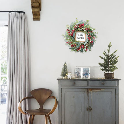 TEMPUS Christmas Wreath for Front Door 18’’ Red Berries Artificial Leaves Wreath with Hello Winter Sign Winter Wreath for Christmas Farmhouse Home Outdoor/Indoor Decor