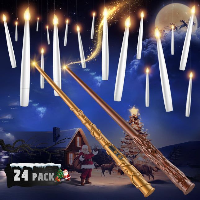 Floating Candles with 2 Wand - 24 Pack Christmas Decorations Magic Flameless Candles Flickering Warm Light LED Hanging Candle Remote, Operated Candles for Christmas Outdoor Indoor Party Decor