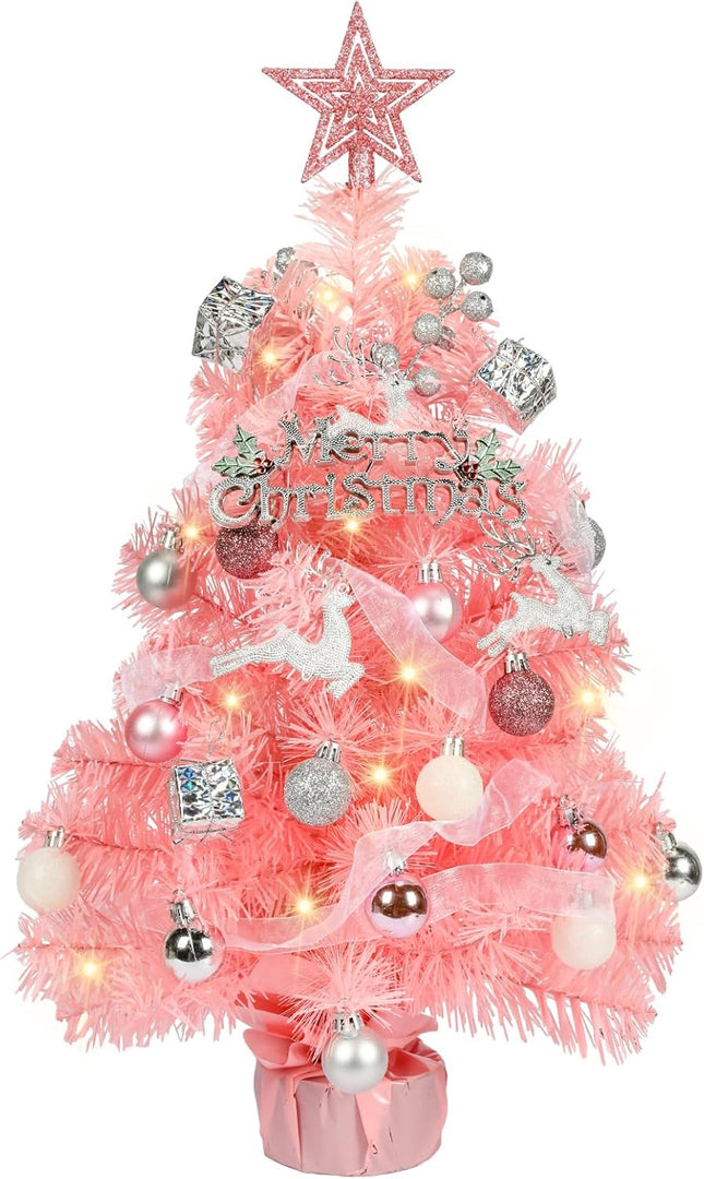 HMASYO Small Christmas Tree with Lights and Ornaments, 22 Inch Pink Tabletop Mini Christmas Tree with Light, Star Topper, DIY Artificial Table Top Xmas Tree for Holiday Indoor Home Decoration