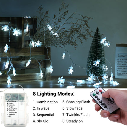 BrizLabs Snowflake Christmas Lights, 16.08ft 40 LED Christmas Lights with Remote, Snowflake String Lights Battery Operated, 8 Modes Xmas Lights Waterproof for Outdoor Indoor Decorations, Cool White