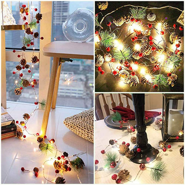 PHILIPOUS Christmas Lights, Garland with Lights Fairy Lights Pine Cone Berries Indoor and Outdoor Christmas Tree Lights Winter Holiday Year Decor, Battery Powered. (2M 20 Lights) (Pine Cone)