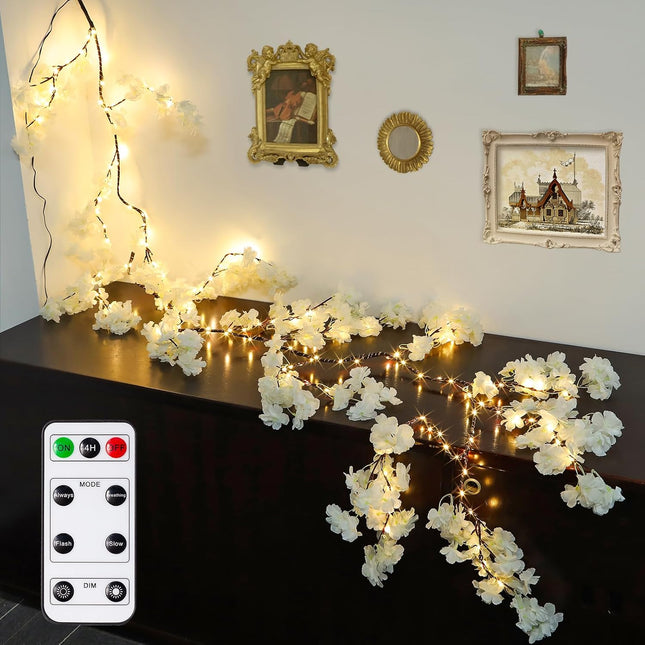 GOESWELL Cherry Blossom Tree Lights for Wall: 7.9FT Lighted Garland for Room and Home Decor - Plug or Battery Operated Artificial Flower Vines for Mantle Fireplace Wedding Party Indoor Outdoor