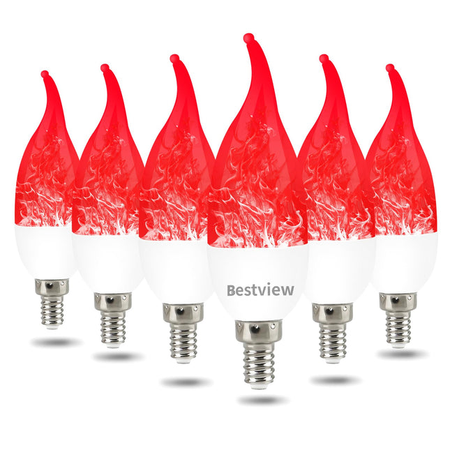Bestview LED Flame Effect Light Bulbs,3 Modes Flickering Light Bulbs, Smart E12 Chandelier Base Candle Fire Light Bulb for Halloween, Christmas, Porch Indoor&Outdoor Home Decoration -6 Pack(Red)