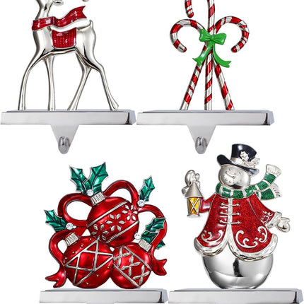 Set of 4 Christmas Stocking Holders for Mantel,Deer Snowman Stocking Hangers for Fireplace Candy Cane Holder Hanger for Stocking/Garland,Metal Stocking Hooks for Xmas Decoration (Christmas Set)