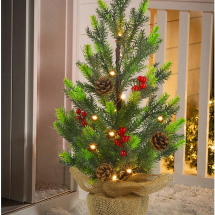 Juegoal 24Inch Pre-lit Christmas Pine Tree, with Warm White Fairy Lights Tabletop Artificial Tree, Small Light up Pine Tree with Burlap Base for Xmas, Spring Home Decorations