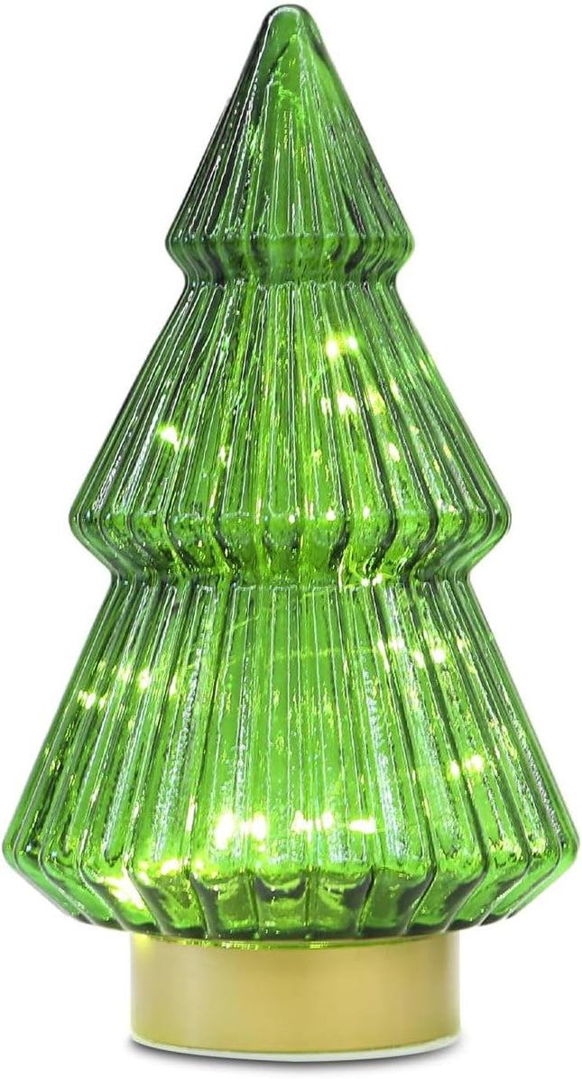 Glass Christmas Tree, Battery Operated Green Lit Christmas Tree Figurine, Lighted Mercury Glass Decor Cordless Cone Crystal Christmas Tree Tabletop Lamp, Light Up Christmas Tree with Lights