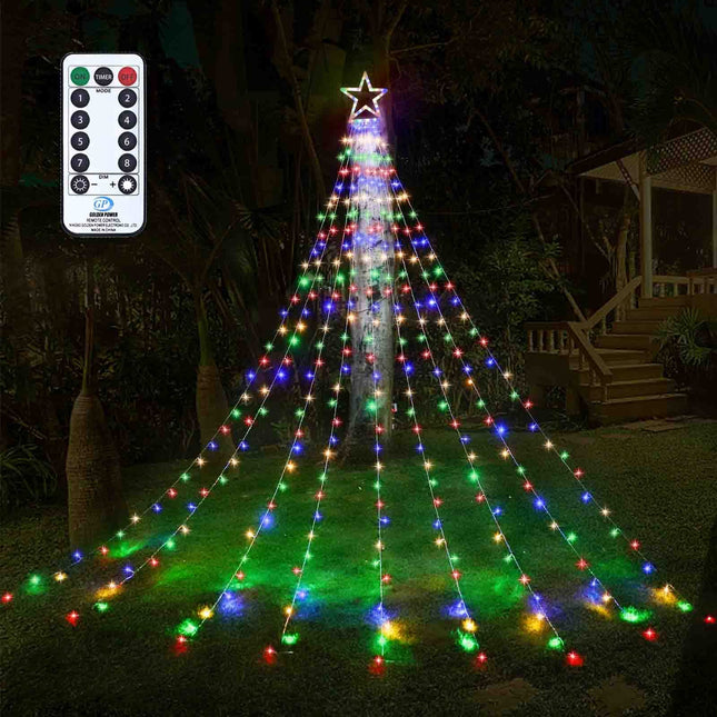 Outdoor Christmas Decorations Star String Lights, 317 LED 8 Modes Waterfall Tree Lights with Topper Star Christmas Lights Indoor Outdoor Decorative for Yard Party Home Holiday Decor (Multicolor)