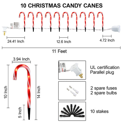 Candy Cane Lights - 10 Pack Candy Cane Pathway Lights, 10" Christmas Candy Cane Lights Red, Outdoor Candy Cane Christmas Decor for Walkway, Driveway, Sidewalk, Garden, Xmas Path Stake Lights Markers
