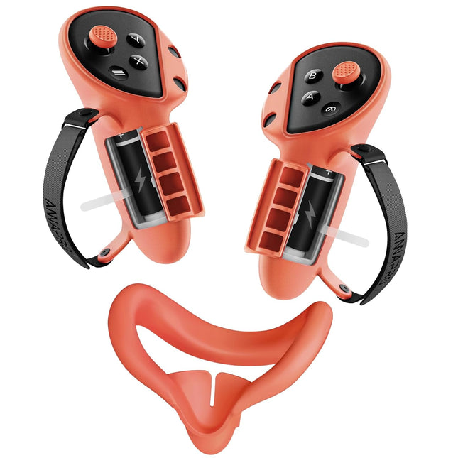 annapro Controller Grips Cover for Meta Quest 3, with Adjustable Knuckle Strap and Battery Opening Protector, Silicone Face Pad Cover & Joystick Covers for Oculus Quest 3 Accessories, Orange