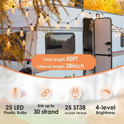 Outdoor String Lights, 50FT 2200K LED Patio Lights with ST38 Waterproof Bulbs, Retro Connectable String Lights for Patio Backyard Balcony