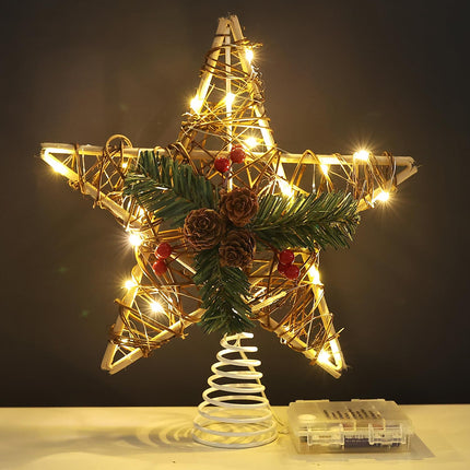 Rattan Christmas Star Tree Topper, 11.8" Natural Pinecone Christmas Tree Topper with 20 LED Lights Star, Tree Toppers Christmas Decorations for Christmas Tree Indoor Rattan Natural Xmas Decorations