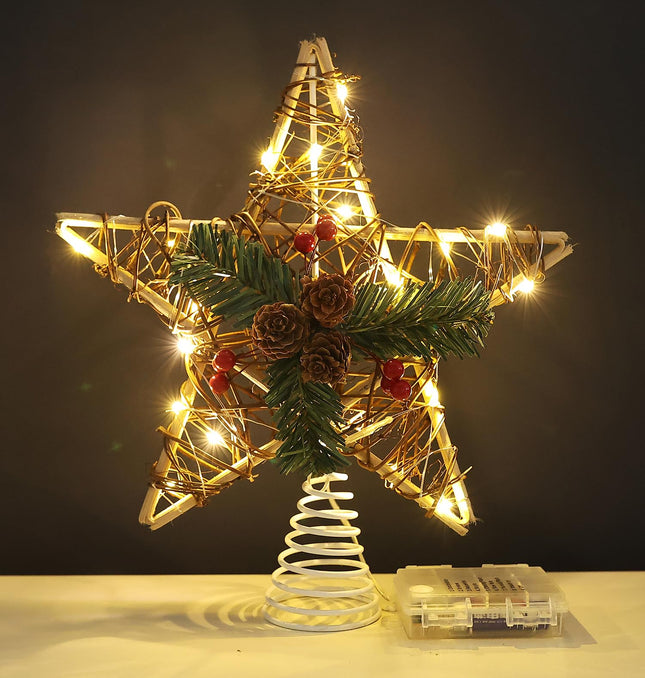 Rattan Christmas Star Tree Topper, 11.8" Natural Pinecone Christmas Tree Topper with 20 LED Lights Star, Tree Toppers Christmas Decorations for Christmas Tree Indoor Rattan Natural Xmas Decorations