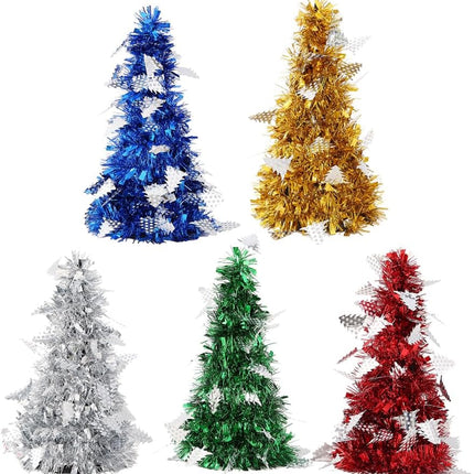 5Pcs Mini Christmas Tree Decoration Shiny Metallic Artificial Desktop Trees with Pendants Miniature Trees for Holiday Party Tabletop Decor