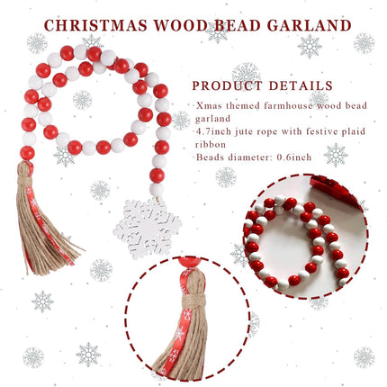 Christmas Wood Bead Garland - Red White Rustic Wooden Beads with Jute Rope Plaid Tassel Bead Garland for Year Winter Xmas Tiered Tray Décor Farmhouse Home Kitchen Wall Hanging Decoration