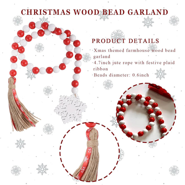 Christmas Wood Bead Garland - Red White Rustic Wooden Beads with Jute Rope Plaid Tassel Bead Garland for Year Winter Xmas Tiered Tray Décor Farmhouse Home Kitchen Wall Hanging Decoration
