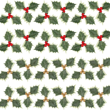 BigOtters Artificial Holly Berries with Green Leaves, 24PCS Gold and Red Holly Berry Flower with Leaves for Christmas Wreath Arrangement Cake Toppers Craft Wedding Party Home Decorations