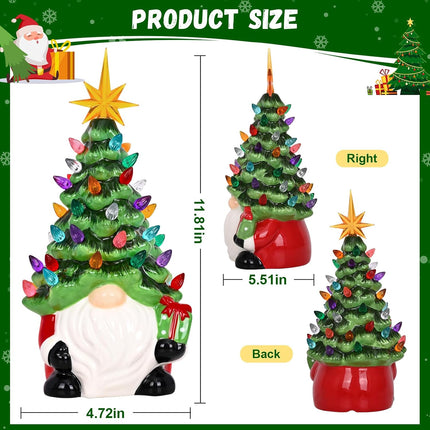 Ceramic Christmas Trees That Light Up Christmas Gnomes, 12" Gnome Christmas Tree with 46 Lights, Small Tabletop Christmas Tree Gnome Christmas Decorations for Home Room Fireplace (Green)