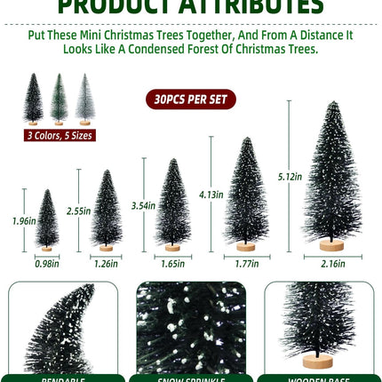 30pcs Mini Christmas Trees for Christmas Decorations, Artificial Christmas Tree Small with Snowflakes Bottle Brush Trees for Christmas Decor Party Home Table Top Winter Crafts Decorations