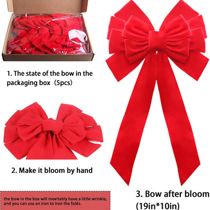 Buart Red Velvet Christmas Bow 19" Long 10" Wide,5 Pcs Holiday Christmas Bows