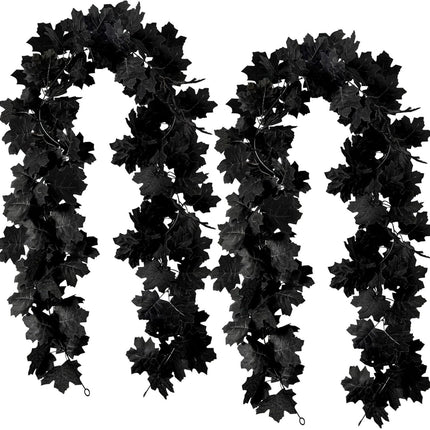 Black Maple Leaf Garland, 2PCS Halloween Artificial Hanging Fall Leave Vines, Fall Floral Garlands Thanksgiving Decor for Home Wedding Party (11.8FT)