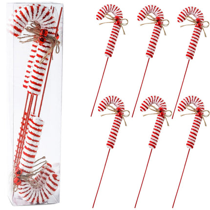 6Pcs Christmas Tree Decorations Picks，Red White Woolen Candy Picks 14 Inch Xmas Tree Topper Ornaments for Christmas Wreath DIY Craft Home Vase Filler Party Supplies