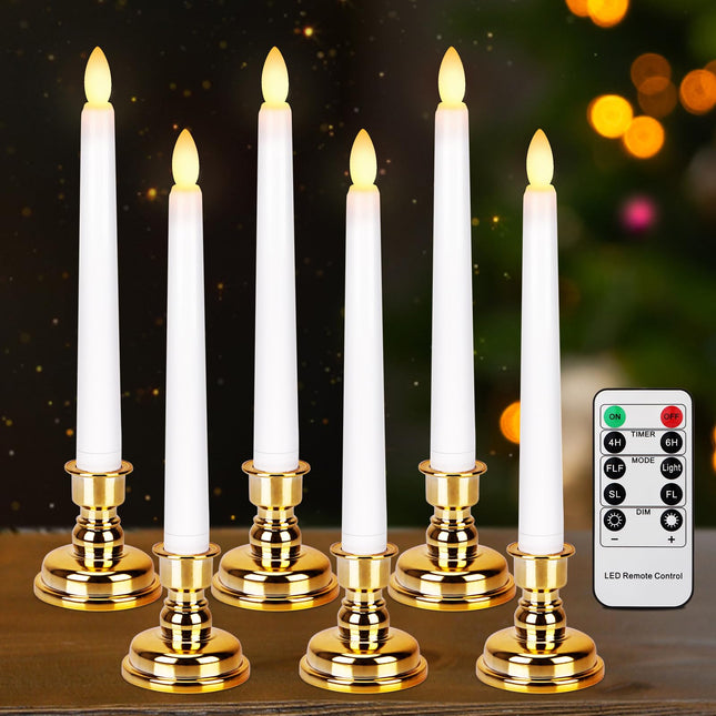 POWER Flameless Window Candles with Gold Candle Bases, Battery Operated Taper Candle with 4H/6H Daily Timer, Remote Window Candle with Unique Flame