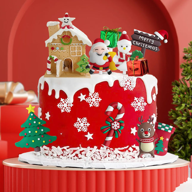 Christmas Cake Topper, Merry Christmas Cake Decorations Christmas Cake Toppers with Craft Xmas Tree Santa Reindeer Cake Decoration Christmas Party Cake Supplies for Christmas Holiday