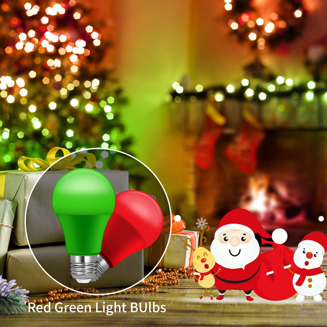 Red Light Bulbs Green Light Bulbs, [4 Pack] A19 LED Red and Green Bulbs, Christmas Light Bulbs, 60W Equivalent 9W, E26 Red Green Porch Light Bulb Outdoor for Christmas, Party, Home Lighting