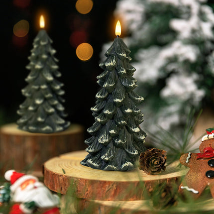 Christmas Tree Shaped Flickering Flameless Candles, Green Real Wax Battery Operated LED Candles with Timer for Christmas Home Party Decoration Christmas Set of 2