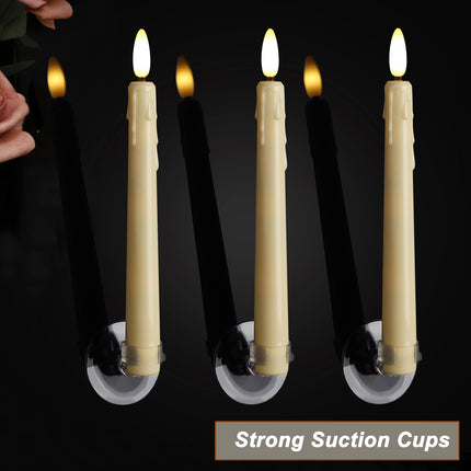 Battery Operated LED Window Candles with Remote Timer, 8 Inches Ivory Flameless Taper Flickering Candles, Removable Black Candlesticks and Suction Cups, Holiday, Home Decor, 4 Pack